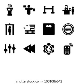 Solid vector icon set - airport tower vector, traffic controller, vip zone, passport control, metal detector gate, building, floor scales, customs road sign, settings, fast backward, gear globe