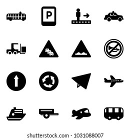 Solid vector icon set - airport bus vector, parking sign, travolator, safety car, fork loader, multi lane traffic road, rough, no horn, only forward, circle, paper fly, plane, cruiser, trailer, toy