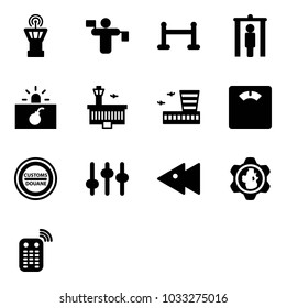 Solid vector icon set - airport tower vector, traffic controller, vip zone, metal detector gate, terrorism, building, floor scales, customs road sign, settings, fast backward, gear globe