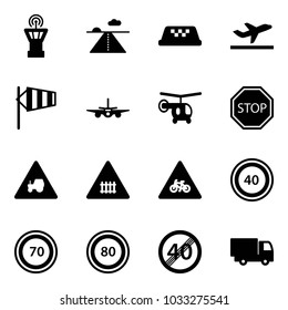 Solid vector icon set - airport tower vector, runway, taxi, departure, side wind, plane, helicopter, stop road sign, tractor way, railway intersection, for moto, speed limit 40, 70, 80, end