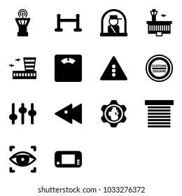 Solid vector icon set - airport tower vector, vip zone, officer window, building, floor scales, traffic light road sign, customs, settings, fast backward, gear globe, jalousie, eye scanner