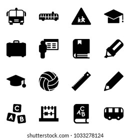 Solid vector icon set - airport bus vector, children road sign, graduate hat, case, presentation, book, highlight marker, volleyball, ruler, pencil, abc cube, abacus, toy