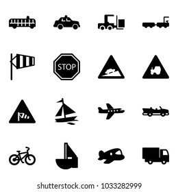 Solid vector icon set - airport bus vector, safety car, fork loader, baggage truck, side wind, stop road sign, climb, tractor way, sail boat, plane, cabrio, bike, sailboat toy