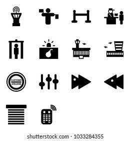 Solid vector icon set - airport tower vector, traffic controller, vip zone, passport control, metal detector gate, terrorism, building, customs road sign, settings, fast forward, backward, jalousie