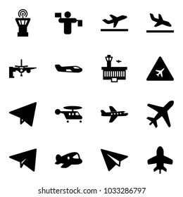 Solid vector icon set - airport tower vector, traffic controller, departure, arrival, boarding passengers, small plane, building, road sign, paper fly, helicopter, toy