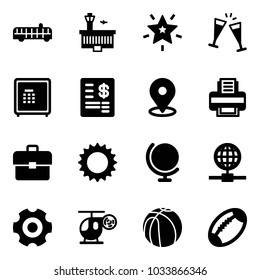 Solid vector icon set - airport bus vector, building, christmas star, wine glasses, safe, account statement, map pin, printer, portfolio, sun, globe, gear, helicopter toy, basketball, football