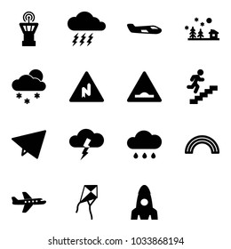 Solid vector icon set - airport tower vector, storm, small plane, christmas landscape, snowfall, abrupt turn right road sign, artificial unevenness, career, paper fly, rain cloud, rainbow, kite