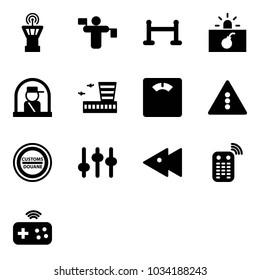 Solid vector icon set - airport tower vector, traffic controller, vip zone, terrorism, officer window, building, floor scales, light road sign, customs, settings, fast backward, remote control