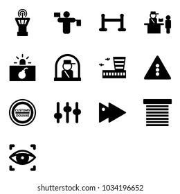 Solid vector icon set - airport tower vector, traffic controller, vip zone, passport control, terrorism, officer window, building, light road sign, customs, settings, fast forward, jalousie