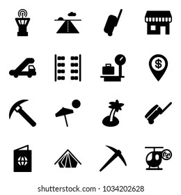 Solid vector icon set - airport tower vector, runway, suitcase, duty free, trap truck, plane seats, baggage scales, dollar pin, rock axe, beach, palm, passport, tent, helicopter toy