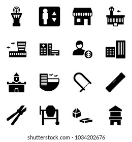 Solid vector icon set - airport tower vector, elevator, duty free, building, hospital, account, sand fort, hotel, fretsaw, level, bolt cutter, cocncrete mixer, constructor blocks, toy block house