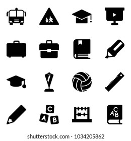 Solid vector icon set - airport bus vector, children road sign, graduate hat, presentation board, case, portfolio, book, highlight marker, pennant, volleyball, ruler, pencil, abc cube, abacus