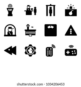 Solid vector icon set - airport tower vector, passport control, metal detector gate, terrorism, officer window, building, floor scales, traffic light road sign, fast backward, gear globe, remote