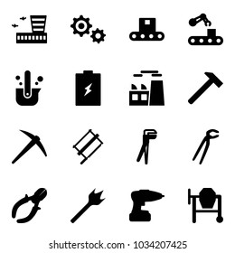 Solid vector icon set - airport building vector, gear, conveyor, casting of steel, battery, plant, hammer, axe, bucksaw, plumber, side cutters, wood drill, cocncrete mixer