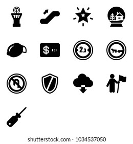 Solid vector icon set - airport tower vector, escalator up, christmas star, snowball house, lemon, credit card, limited width road sign, no cart horse, turn back, shield, download cloud, win