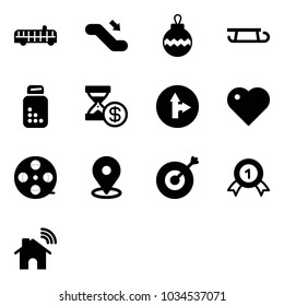 Solid vector icon set - airport bus vector, escalator down, christmas ball, sleigh, pills bottle, account history, only forward right road sign, heart, film coil, map pin, target, gold medal