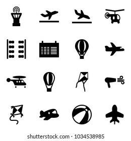 Solid vector icon set - airport tower vector, departure, arrival, helicopter, plane seats, schedule, air balloon, kite, dryer, toy, beach ball