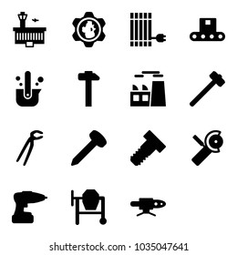 Solid vector icon set - airport building vector, gear globe, sun panel, conveyor, casting of steel, hammer, plant, sledgehammer, plumber, nail, bolt, Angular grinder, drill, cocncrete mixer
