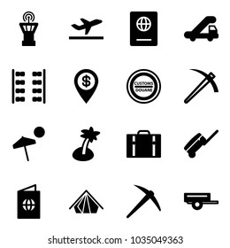 Solid vector icon set - airport tower vector, departure, passport, trap truck, plane seats, dollar pin, customs road sign, job, beach, palm, suitcase, tent, axe, trailer