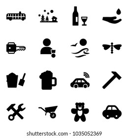 Solid vector icon set - airport bus vector, christmas landscape, wine, drop hand, key, winner, waves, dragonfly, bucket scoop, beer, car wireless, hammer, wrench, wheelbarrow, bear toy