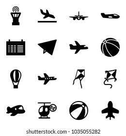 Solid vector icon set - airport tower vector, arrival, plane, small, schedule, paper fly, ball, air balloon, kite, toy, helicopter, beach