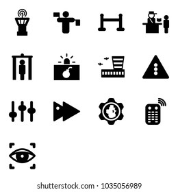 Solid vector icon set - airport tower vector, traffic controller, vip zone, passport control, metal detector gate, terrorism, building, light road sign, settings, fast forward, gear globe, remote