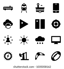 Solid vector icon set - airport bus vector, train, building, phone, refresh cloud, play, pause, target, star man, sun, rain, monitor, power, oil derrick, boomerang, football