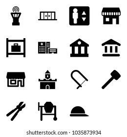 Solid vector icon set - airport tower vector, automatic doors, elevator, duty free, baggage room, hospital building, bank, store, sand fort, fretsaw, rubber hammer, bolt cutter, cocncrete mixer
