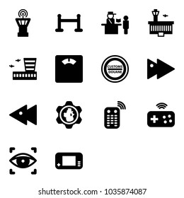 Solid vector icon set - airport tower vector, vip zone, passport control, building, floor scales, customs road sign, fast forward, backward, gear globe, remote, joystick wireless, eye scanner