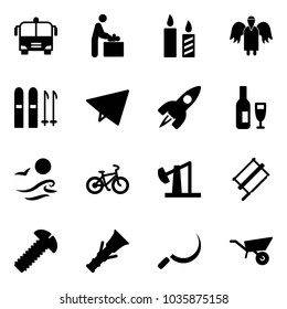Solid vector icon set - airport bus vector, baby room, candle, angel, ski, paper fly, rocket, wine, waves, bike, oil derrick, bucksaw, screw, dowel, sickle, wheelbarrow