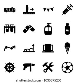 Solid vector icon set - airport bus vector, travolator, flag garland, syringe, vial, pills, liquid soap, milk, chart point arrow, growth, doors, ice cream, hand wheel, drill machine, wrench hammer