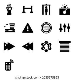 Solid vector icon set - airport tower vector, vip zone, metal detector gate, terrorism, building, traffic light road sign, customs, settings, fast forward, backward, gear globe, jalousie