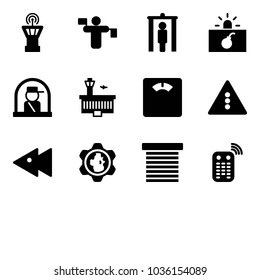 Solid vector icon set - airport tower vector, traffic controller, metal detector gate, terrorism, officer window, building, floor scales, light road sign, fast backward, gear globe, jalousie