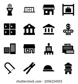 Solid vector icon set - airport tower vector, automatic doors, duty free, baggage room, bank, building, store, sea hotel, fretsaw, bolt cutter, construction helmet, toy block house