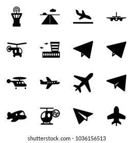 Solid vector icon set - airport tower vector, runway, arrival, plane, helicopter, building, paper fly, toy