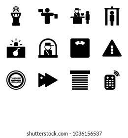 Solid vector icon set - airport tower vector, traffic controller, passport control, metal detector gate, terrorism, officer window, floor scales, light road sign, customs, fast forward, jalousie