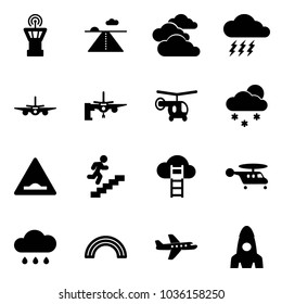 Solid vector icon set - airport tower vector, runway, clouds, storm, plane, boarding passengers, helicopter, snowfall, artificial unevenness road sign, career, cloud ladder, rain, rainbow, rocket