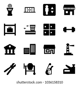 Solid vector icon set - airport tower vector, automatic doors, elevator, duty free, baggage room, building, barbell, bank, store, lighthouse, bolt cutter, cocncrete mixer, winch, stapler