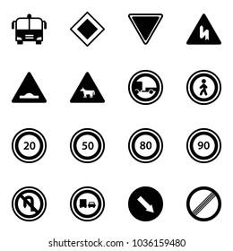 Solid vector icon set - airport bus vector, main road sign, giving way, artificial unevenness, cow, no trailer, pedestrian, speed limit 20, 50, 80, 90, turn back, truck overtake, detour