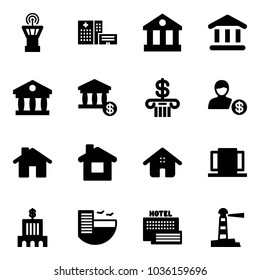 Solid vector icon set - airport tower vector, hospital building, bank, account, home, doors, hotel, sea, lighthouse