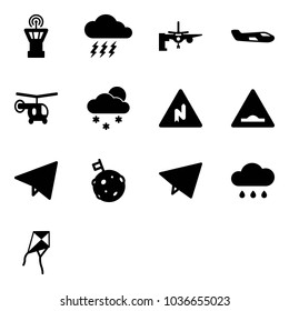 Solid vector icon set - airport tower vector, storm, boarding passengers, small plane, helicopter, snowfall, abrupt turn right road sign, artificial unevenness, paper fly, moon flag, rain cloud