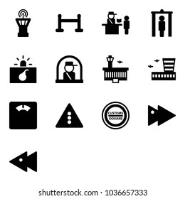 Solid vector icon set - airport tower vector, vip zone, passport control, metal detector gate, terrorism, officer window, building, floor scales, traffic light road sign, customs, fast forward