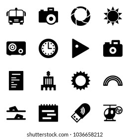 Solid vector icon set - airport bus vector, camera, christmas wreath, sun, safe, time, play, document, bank building, rainbow, flip flops, terms plan, usb wi fi, helicopter toy