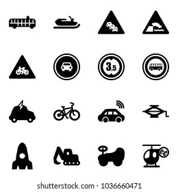 Solid vector icon set - airport bus vector, snowmobile, multi lane traffic road sign, embankment, for moto, no car, limited height, electric, bike, wireless, jack, rocket, excavator toy, baby