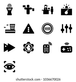 Solid vector icon set - airport tower vector, traffic controller, passport control, terrorism, building, light road sign, customs, settings, fast forward, gear globe, remote, joystick wireless