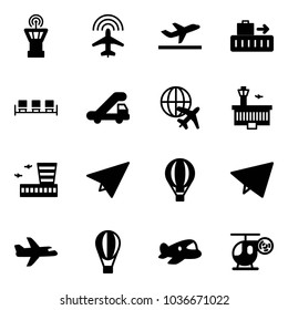 Solid vector icon set - airport tower vector, plane radar, departure, baggage, waiting area, trap truck, globe, building, paper, air balloon, fly, toy, helicopter