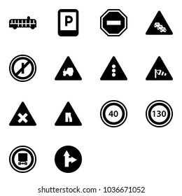 Solid vector icon set - airport bus vector, parking sign, no way road, multi lane traffic, parkin odd, tractor, light, side wind, railway intersection, narrows, speed limit 40, 130, dangerous cargo