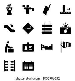 Solid vector icon set - airport tower vector, traffic controller, suitcase, travolator, escalator down, smoking area sign, post, terrorism, baby room, identity, hotel, side wind, plane seats