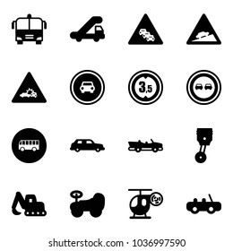 Solid vector icon set - airport bus vector, trap truck, multi lane traffic road sign, climb, car crash, no, limited height, overtake, limousine, cabrio, piston, excavator toy, baby, helicopter