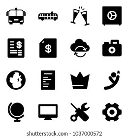 Solid vector icon set - airport bus vector, wine glasses, safe, account statement, refresh cloud, camera, globe, document, crown, flying man, monitor, wrench screwdriver, gear